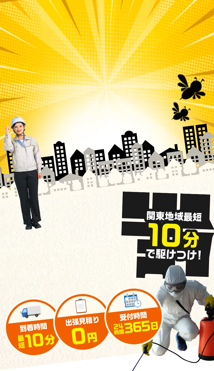 蜂駆除プロセンター・対策。WEB限定価格1100円から。関東地域最短20分で駆けつけ。害虫駆除のプロ対応で安心。施工実績3万件、出張・見積り無料、受付時間24時間365日。